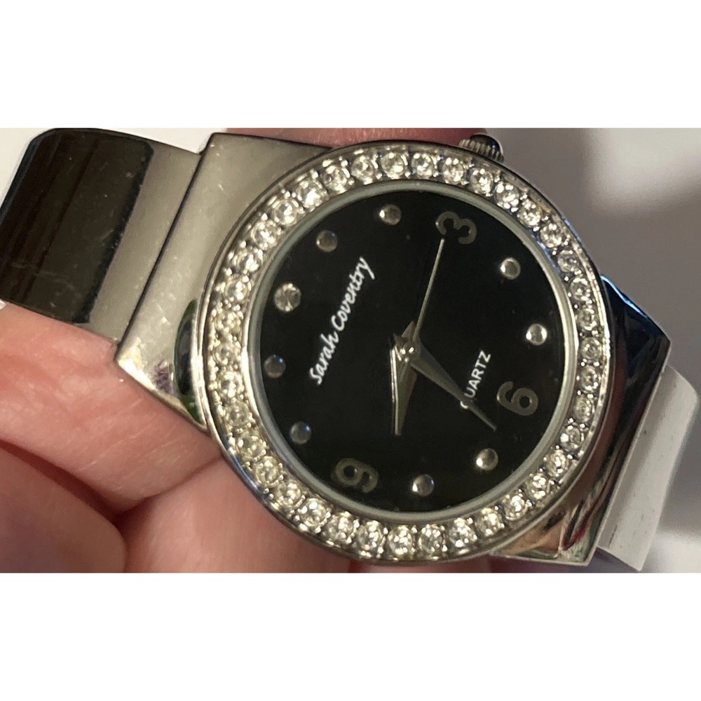 Sarah Coventry Clamper Mod Watch Retro 70's Silvertone Rhinestones 6" Quartz